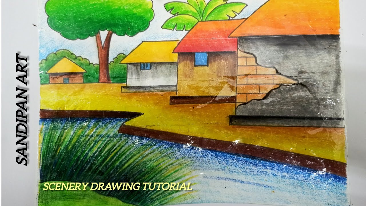 easy scenery drawing with oil pastel colour for beginners/Sandipan Art/pastel colour scenery