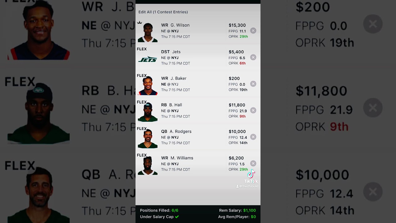 My favorite TNF GPP lineup for week 3 #thursdaynightfootball #jets #dfslineupadvice #draftkings