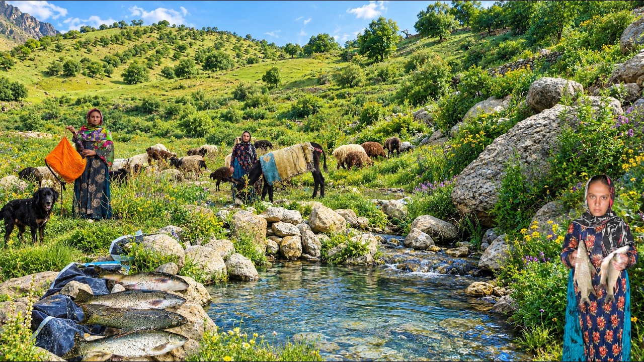 Nomadic Life:Nomadic girls&rsquo; journey a natural spring lush green landscapes herding sheep,and fishing