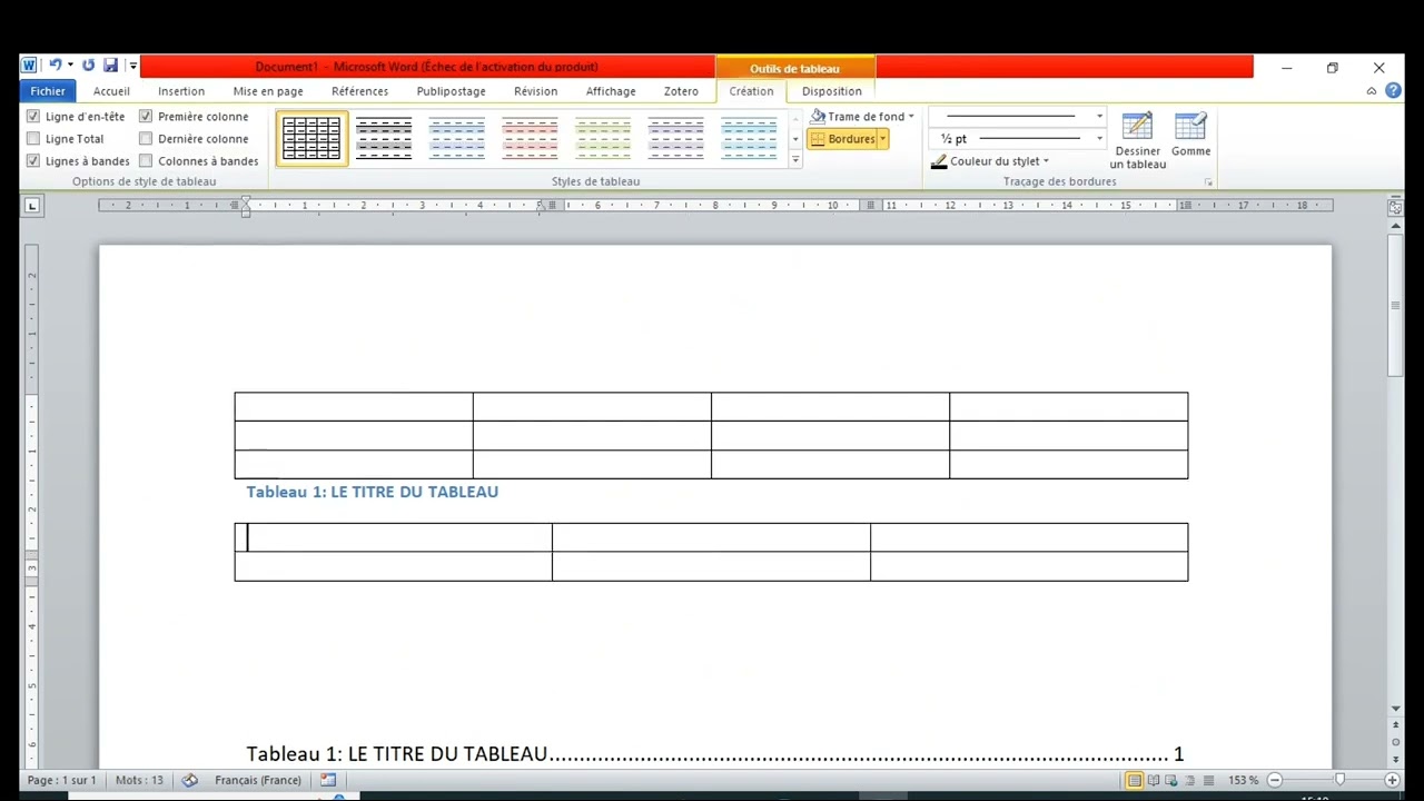 liste des tableaux/insérer une légende (tableau) sur word