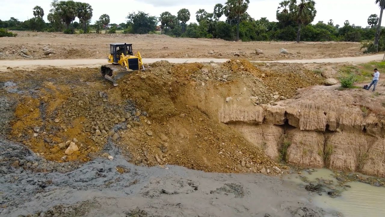 Wonderful Incredible Clearing Drit in Big Lake By Bulldozer Komatsu D60p Pushing Land and Mud