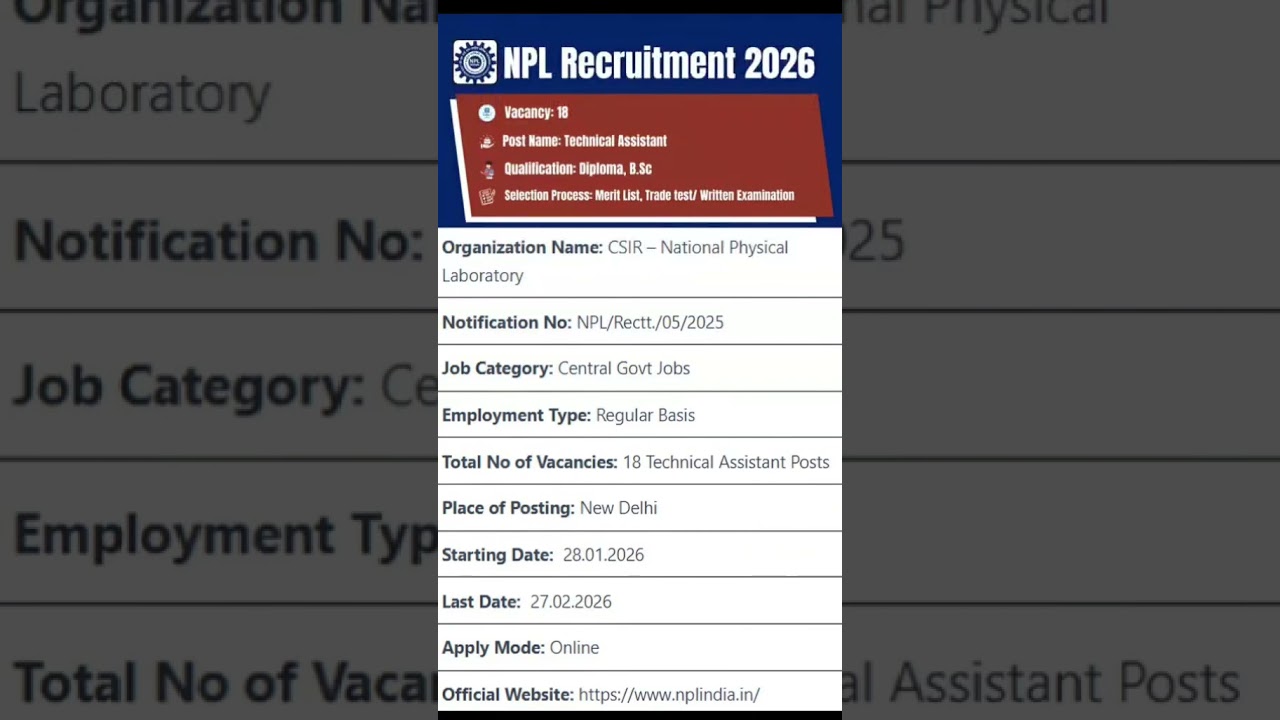 NPL Recruitment 2026 🔥 18 Technical Assistant Jobs | Diploma/BSc | Apply Now 