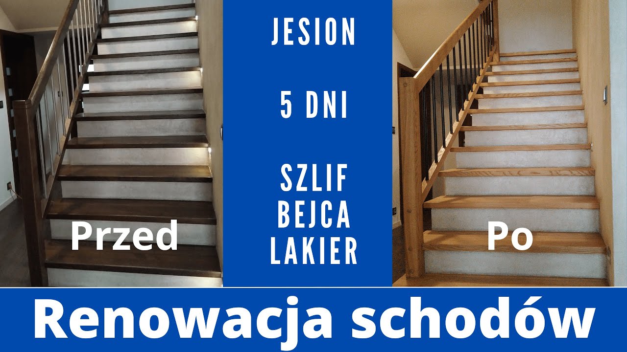 Renowacja schodów. Zmiana koloru na schodach z jesionu. Szlif, bejca i lakierowanie schodów