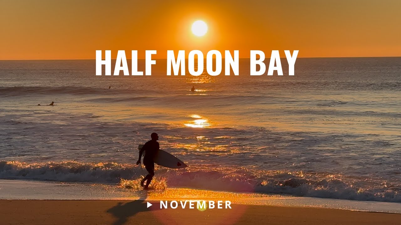 [4K] Half Moon Bay Sunset — Golden Sea, Surfers on Big Waves & Peaceful Dusk at the Coast
