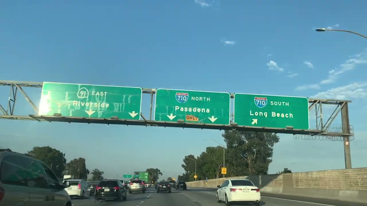 Beautiful day driving on rush hour traffic 91 710 10 freeway going Westfield Santa Anita Arcadia Ca