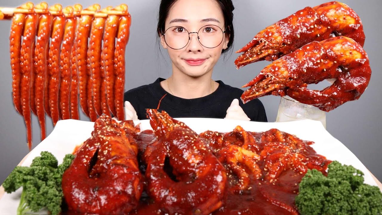 🔥매운 킹 블랙타이거새우찜!! 🦐🔥 근데 불닭소스를 곁들인... Spicy🔥 King Black Tiger Shrimp🦐 REAL SOUND EATING SHOW