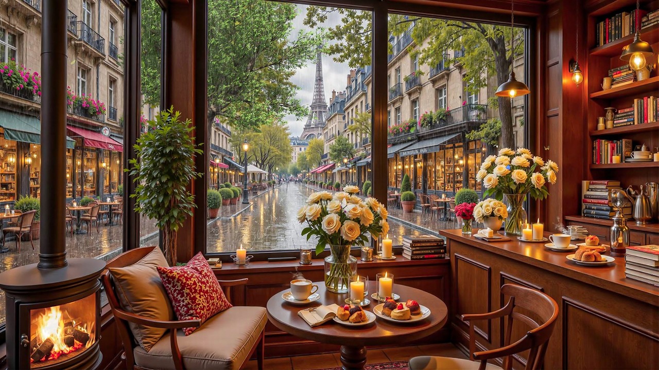 Gentle Rainy Coffeehouse Ambience ☕🎶 Soft Jazz & Crackling Fireplace for Study, Work & Chill