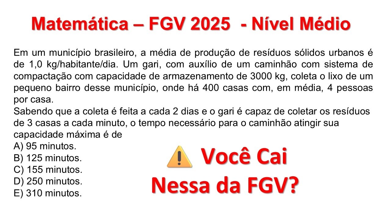 FGV 2025 Matemática: Questão Resolvida Sobre Produção de Lixo e Capacidade do Caminhão
