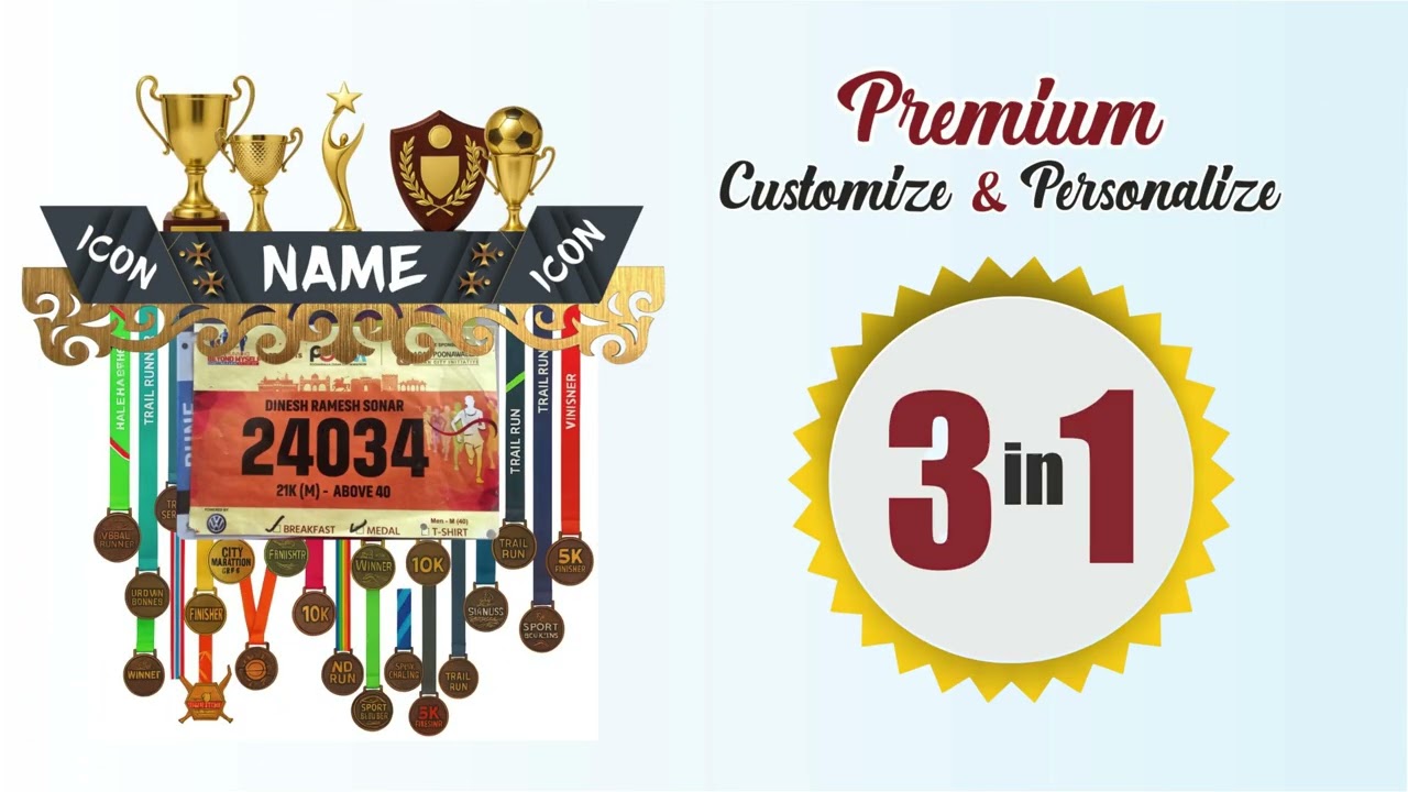 Medal Space | Personalized Customized 3-in-1 Medal Hanger Shelf Display 50+ Medals, Trophies & Bibs