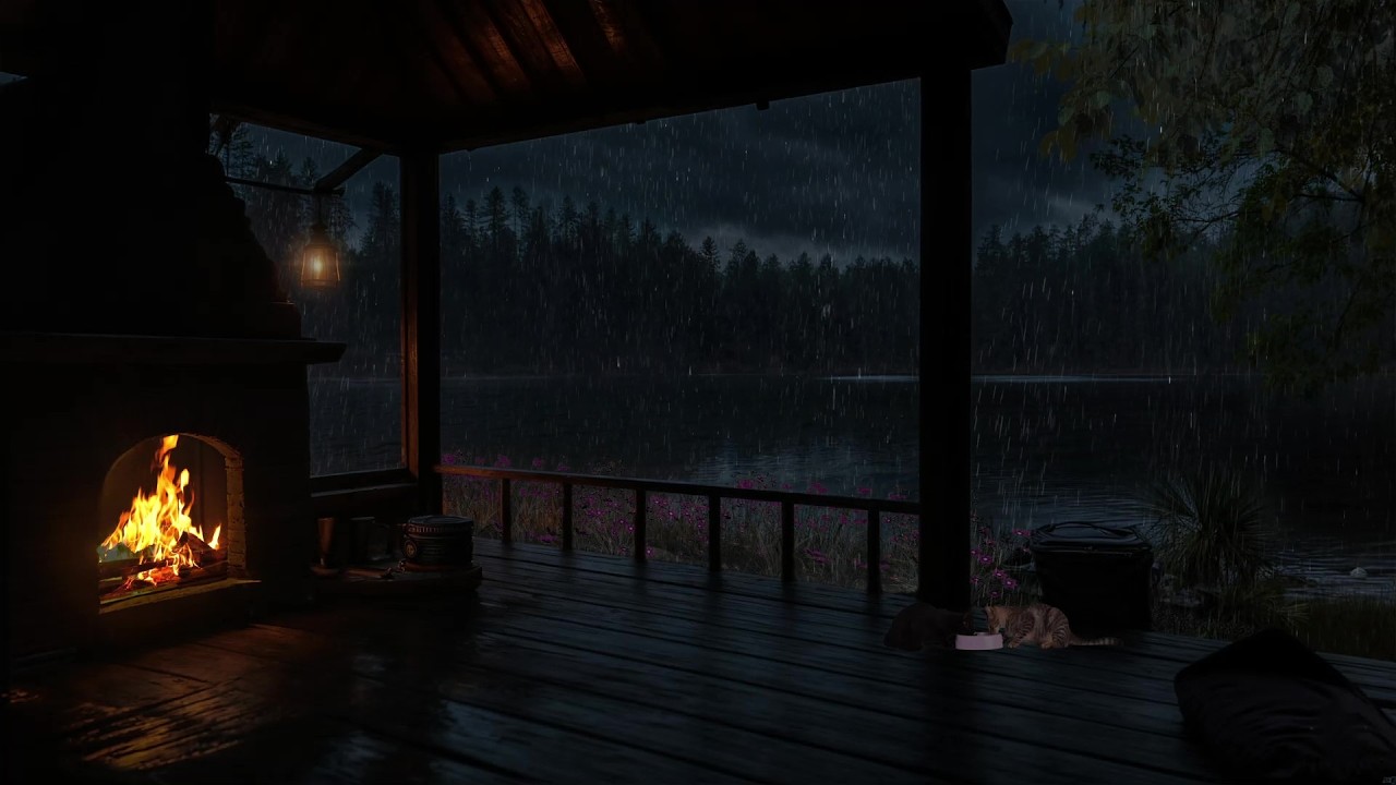 Peaceful Lake Village in the Rain 🌧️ Calm Rain & Cozy Fireplace for Study, Focus & Reading