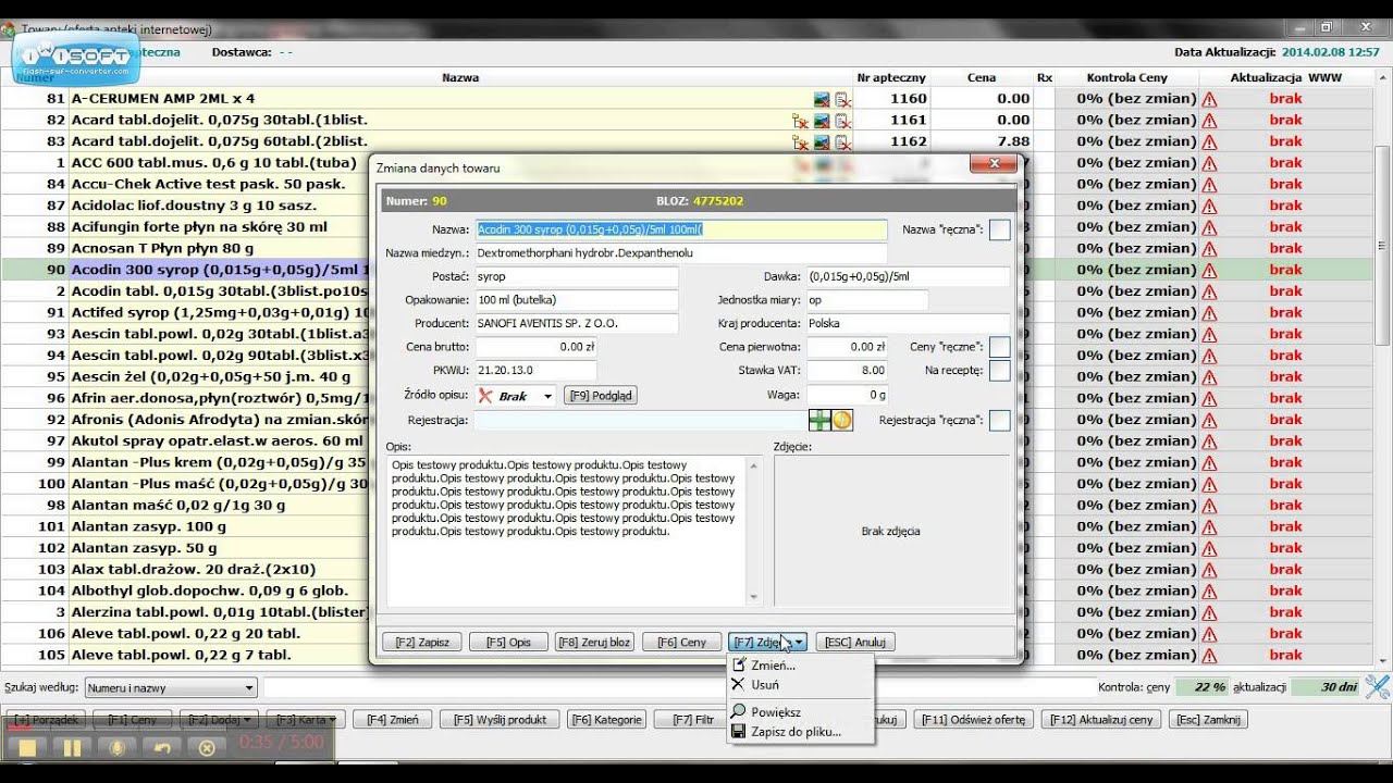 Opis towarów, zdjecie, ceny - moduł 45 AOW Kamsoft