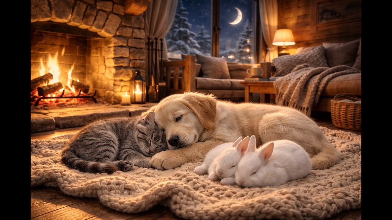 Cozy Fireplace Night with Sleeping Puppies & Kittens | Relaxing Piano & Soft Ambience for Deep Sleep