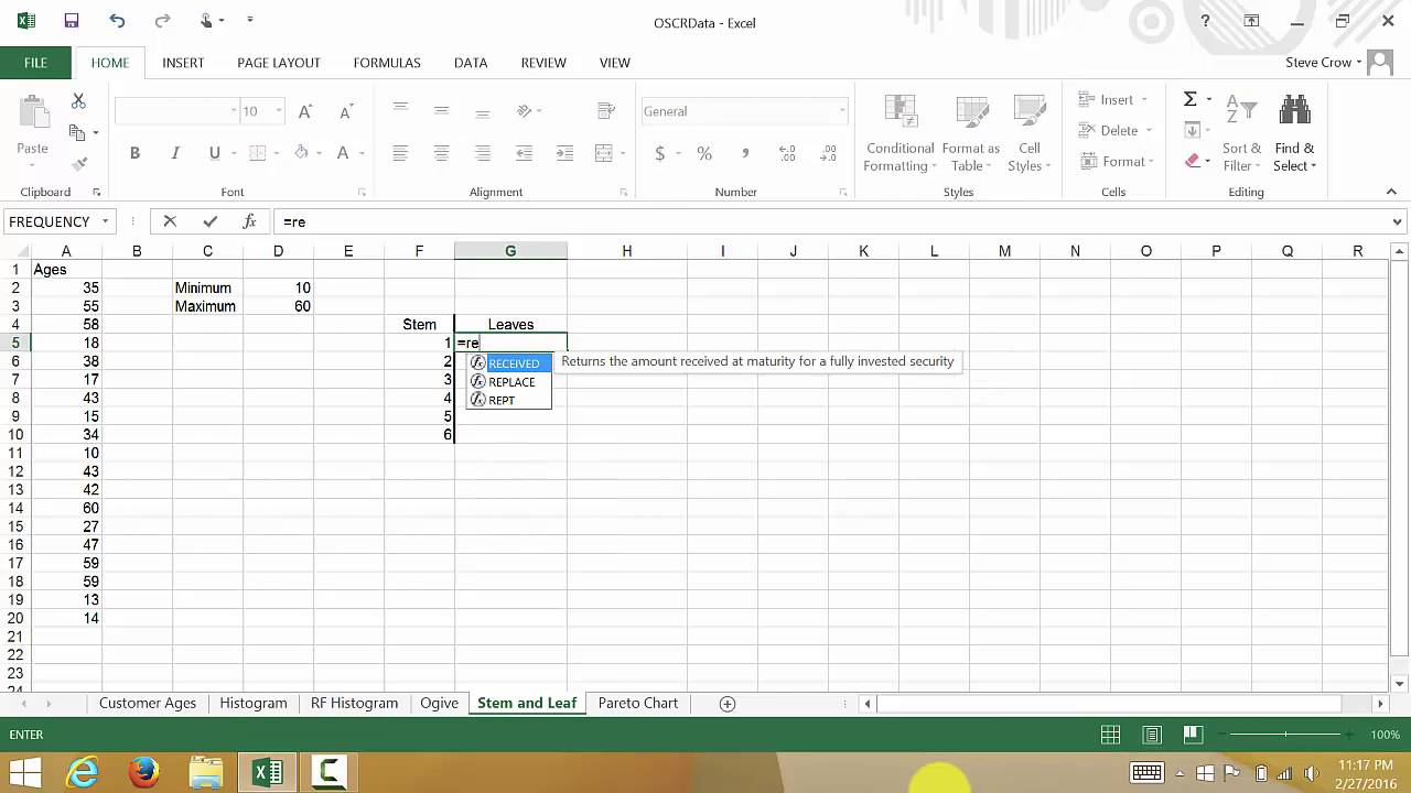 Excel Creating a Stem and Leaf Plot