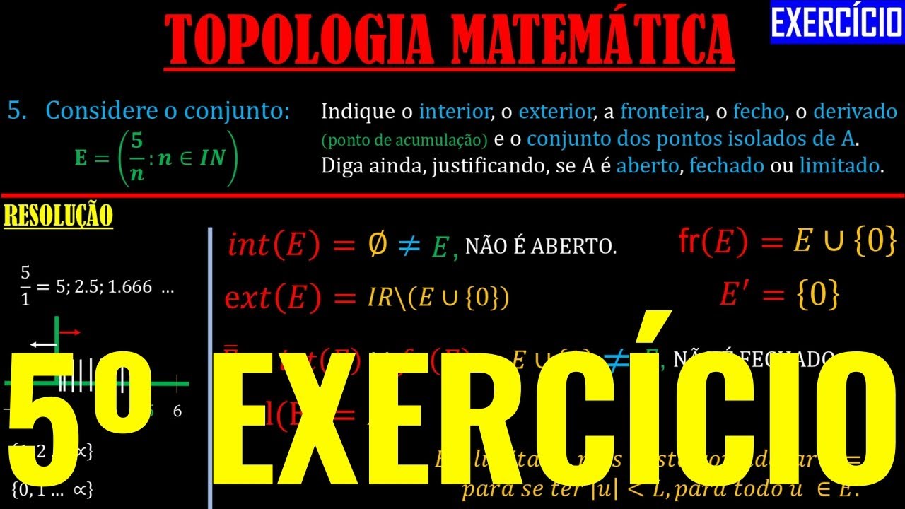 MATEMÁTICA TOPOLÓGICA - EXERCÍCIOS | INTERIOR, FECHO, DERIVADO, LIMITADO, ILIMITADO, PONTO ISOLADO