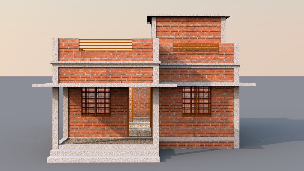 Small single story House plan with brick work elevation, 2 bedroom house plans indian style