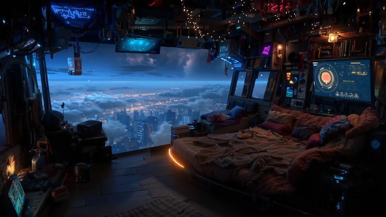 🎵 Cyberpunk Skyline View: Watching Clouds Pass By | Space Ambient Music | 4K | 10 hrs