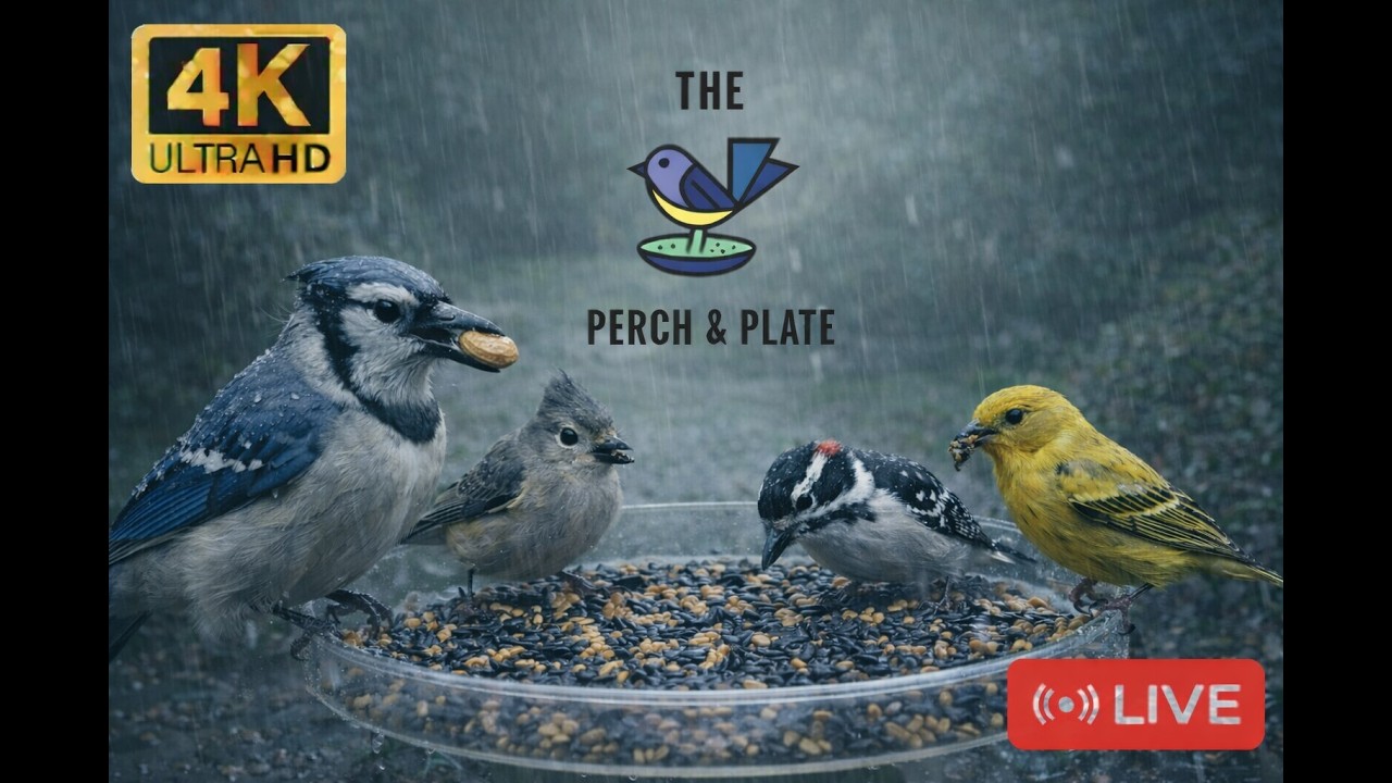LIVE | 🌧️ Soft Rain Sounds On Umbrella + Birdwatching | Doves, Blue-jays, Cardinals