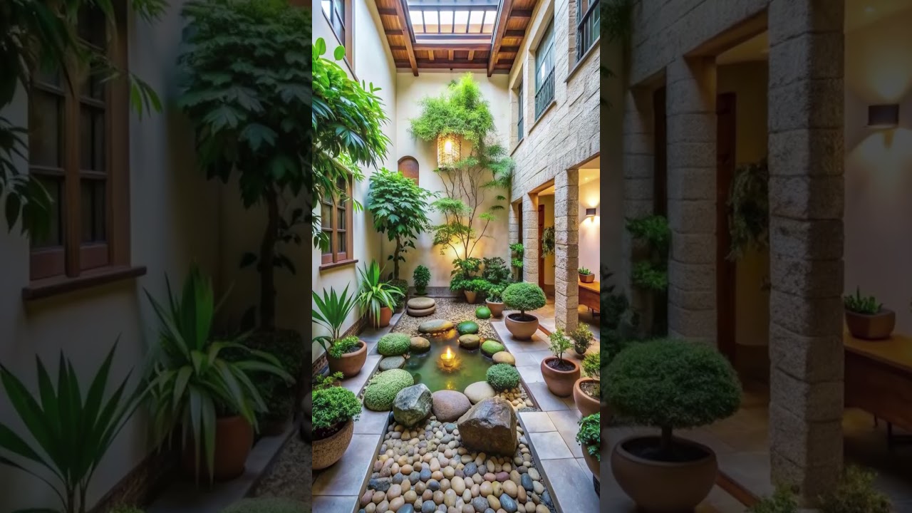 indoor courtyard with zen garden inspired design #Courtyard #architecture #courtyardhouse