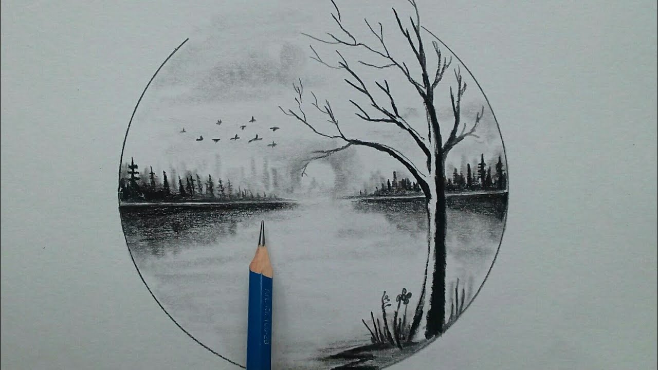 How to draw easy nature scenery drawing for beginners / scenery sketch step by step