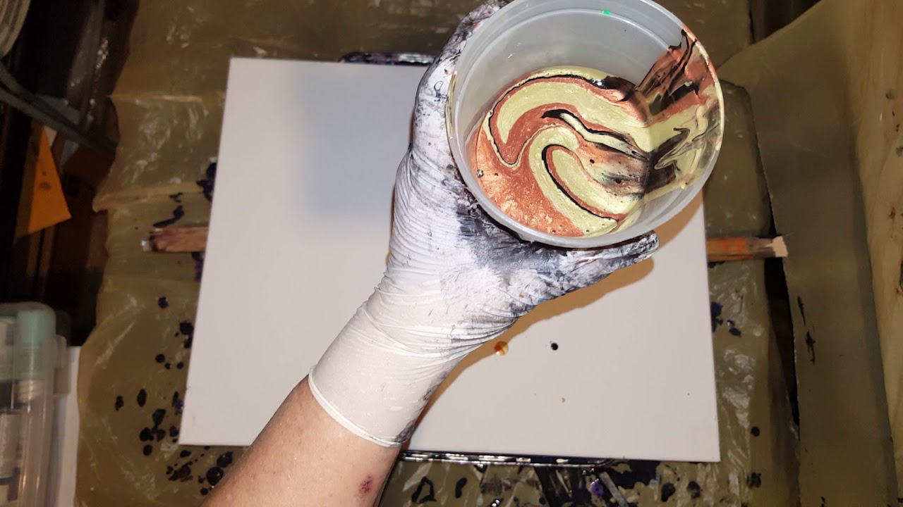 16×20 metallic copper, metallic gold and black acrylic pour painting