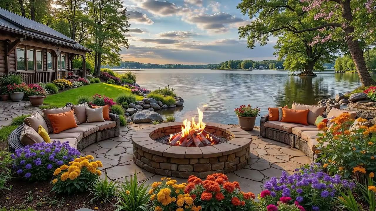 The Most Beautiful Spring Lakeside Cabin 🔥🎶 Piano Music, Crackling Campfire and Birdsong for Relax