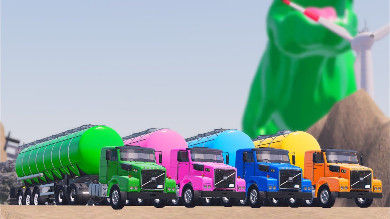 TRANSPORTING PUBLIC WORKS VEHICLES MONSTER TRUCK VOLVO TANKER TO GARAGE WITH ALL COLORS #13