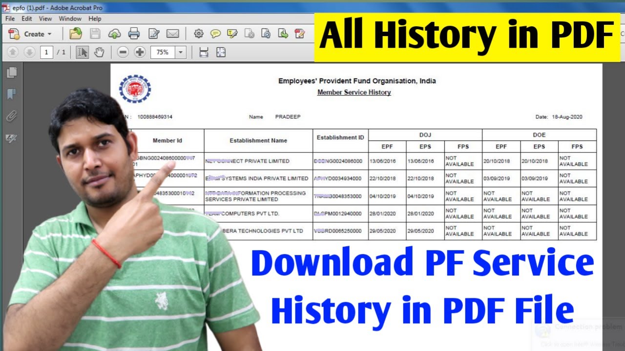 How to Download PF Service History in PDF File , UAN Member Portal PF Service details in PDF , EPF