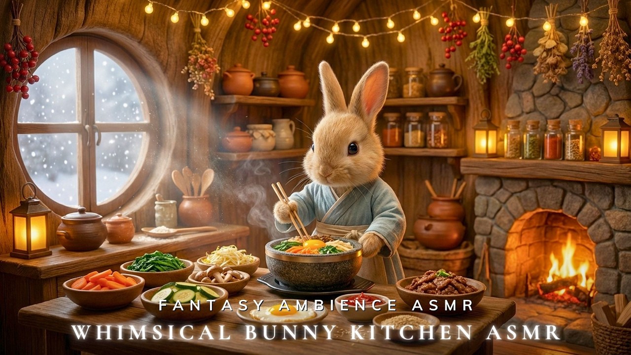 Whimsical Bunny Kitchen ASMR 🍜 Soft Piano & Fireplace Crackling for Calm Study & Sleep