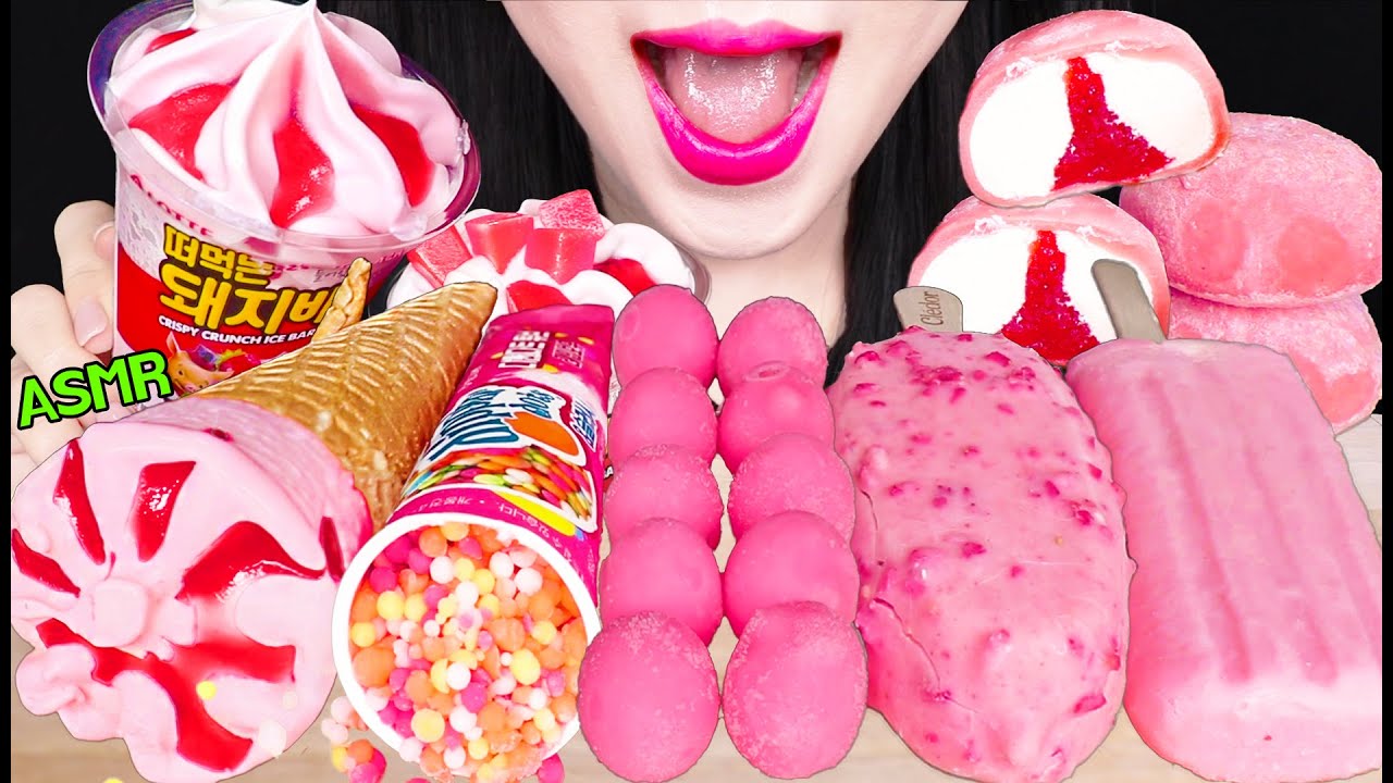ASMR PINK ICE CREAM PARFAIT, DIPPIN' DOTS POP, CRUNCH ICE CREAM 딸기 아이스크림 파르페, 디핀다트 먹방 EATING SOUNDS