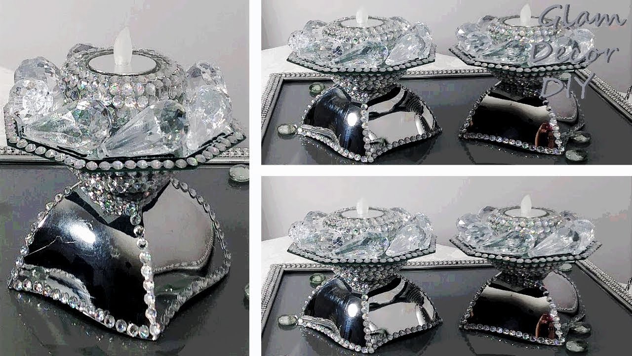 Dollar Tree DIY Glam Mirror Crystal Pendant Candle Holders