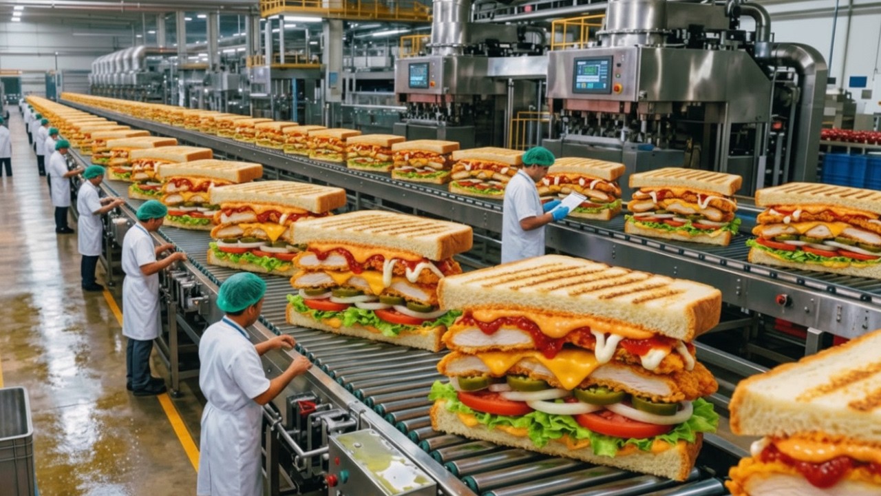 Inside the Sandwich factory | Mass Production of Spicy Sandwich | How It's Made (full process)