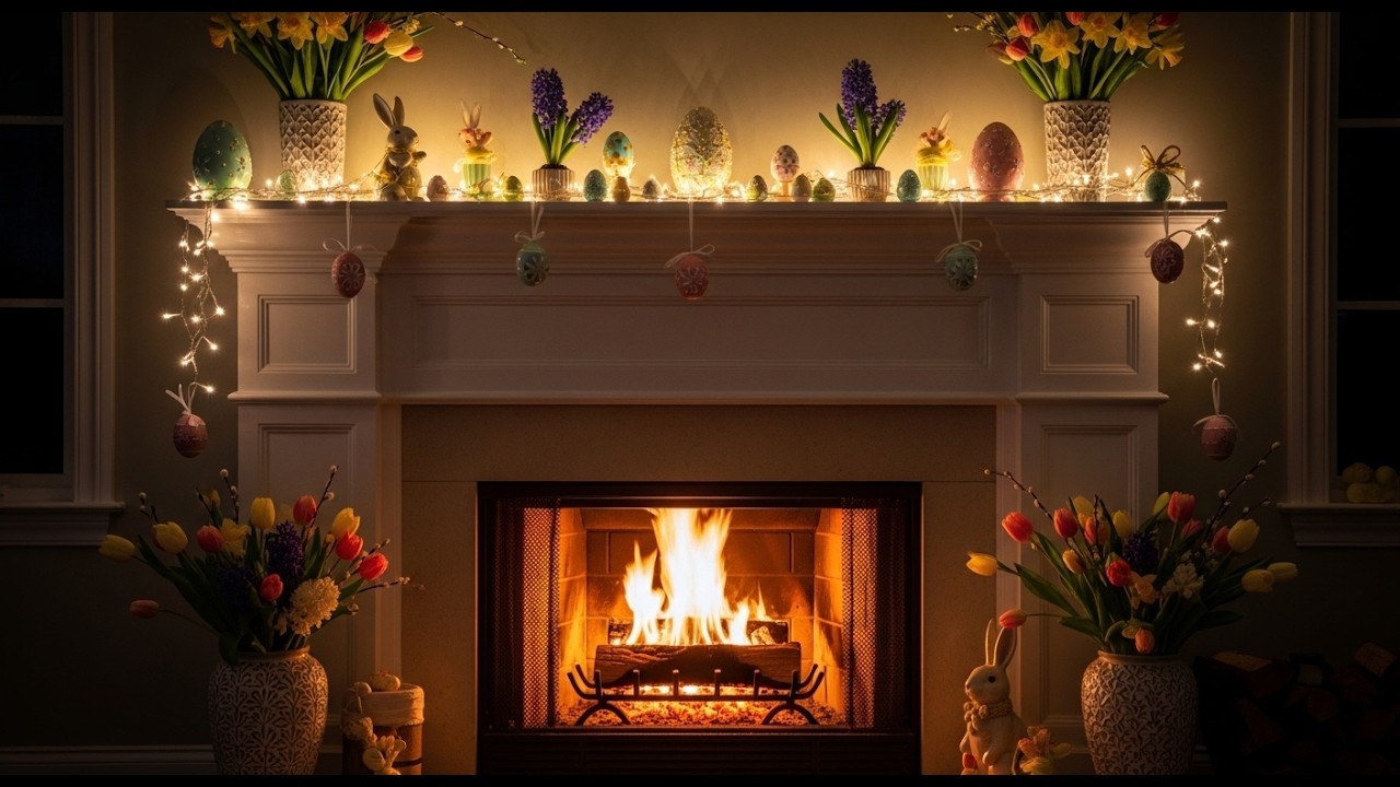 4K Cozy Easter Fireplace ASMR🐰🐣🌷Warm Spring Night Ambience for Relax & Sleep Fire Sounds