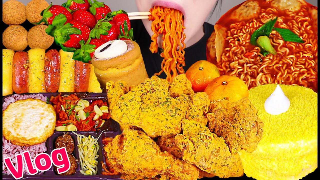 먹방 브이로그/ 연말 먹부림 가보자고,,✨(bhc뿌링클+치즈볼+뿌링소떡/제육도시락+신라면/고구마케이크/투썸생크림카스테라+딸기+귤/디저트먹방/빵먹방)