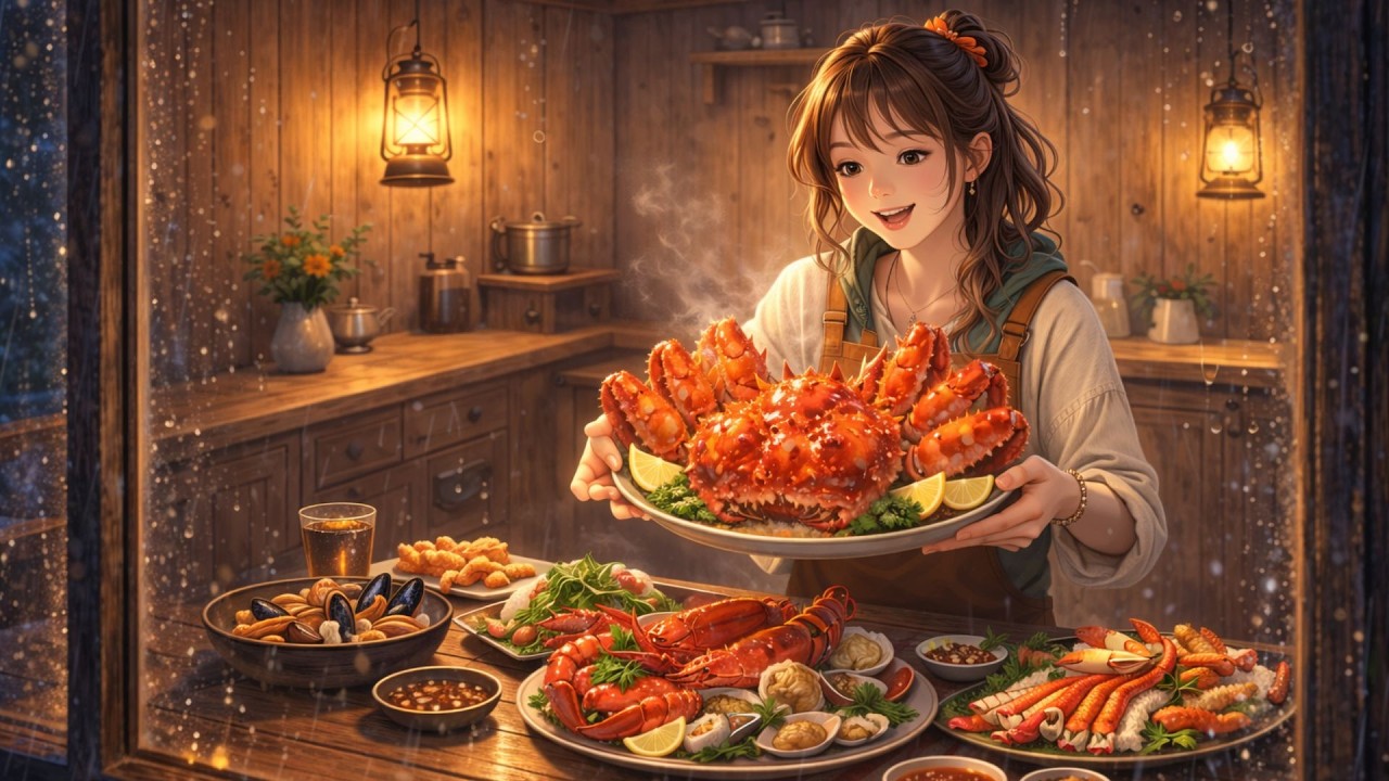 King Crab Feast in a Stormy Night | Cozy Ghibli-style Treehouse Dinner & Ghibli Alone
