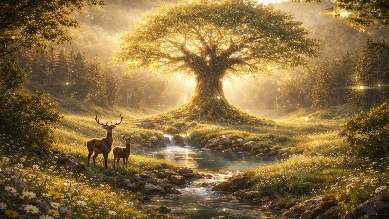 Serene Forest Magic | Deer by the Stream in Golden Light