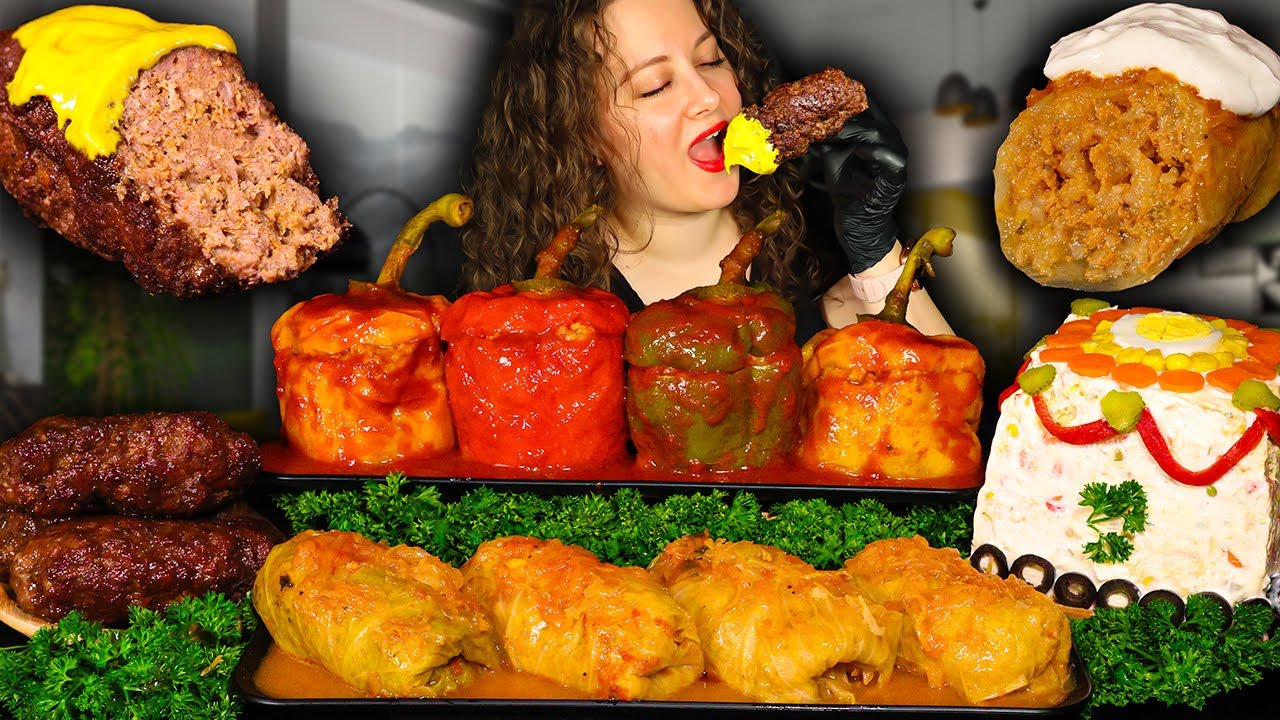 STUFFED BELL PEPPERS MUKBANG | STUFFED PORK CABBAGE ROLLS | JUICY SAUSAGES | BOEUF SALAD