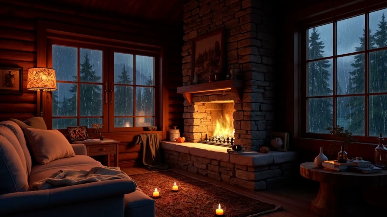 Relaxing Rainy Night in a Cozy Cabin | Crackling Fireplace and Rain Sounds for Sleep