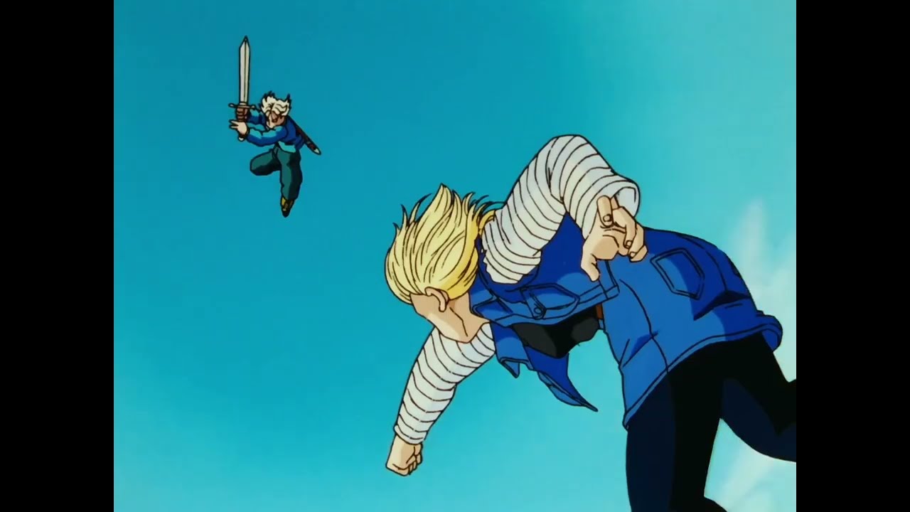 Trunks del futuro se enfrenta a los androides 17 y 18