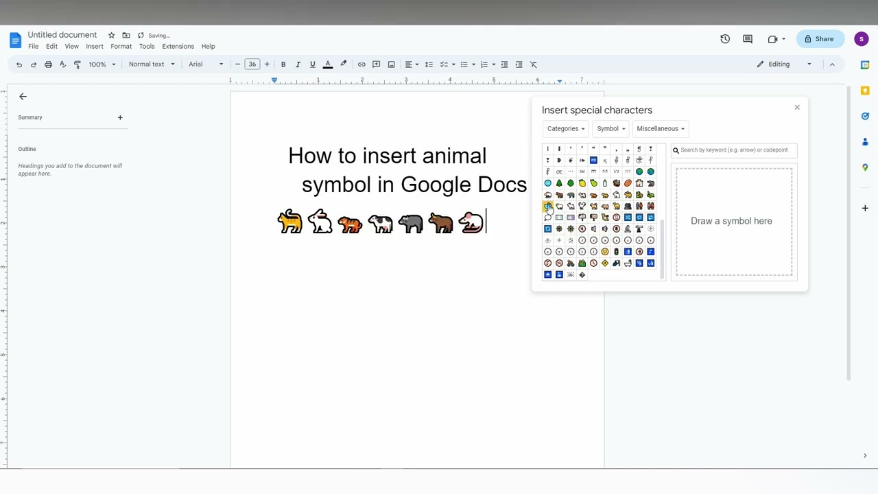 How to insert animal symbol in Google Docs