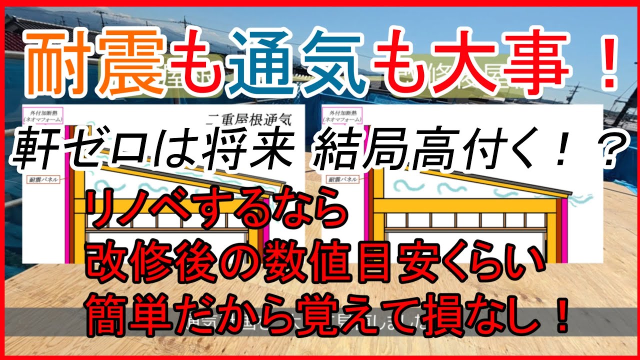 軒ゼロは将来のリノベで結局 高付く！？【耐震性・通気性も大事】せっかくリノベするなら、改修後の自分家の性能値くらい把握しておきたい（リフォームで騙されない為に簡単だから数値目安くらい覚えて）二重屋根