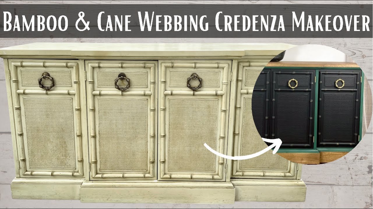 Bamboo & Cane Webbing Buffet makeover | ASMR | Making Custom Base. Furniture flip.