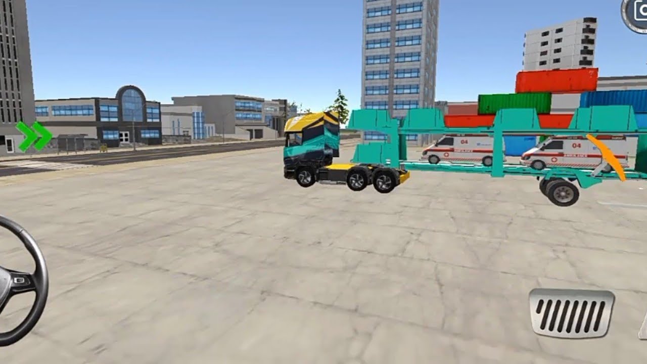 Truk simulator truk trailer pembawa mobil meluncur kencang melewati jalan raya yang mulus