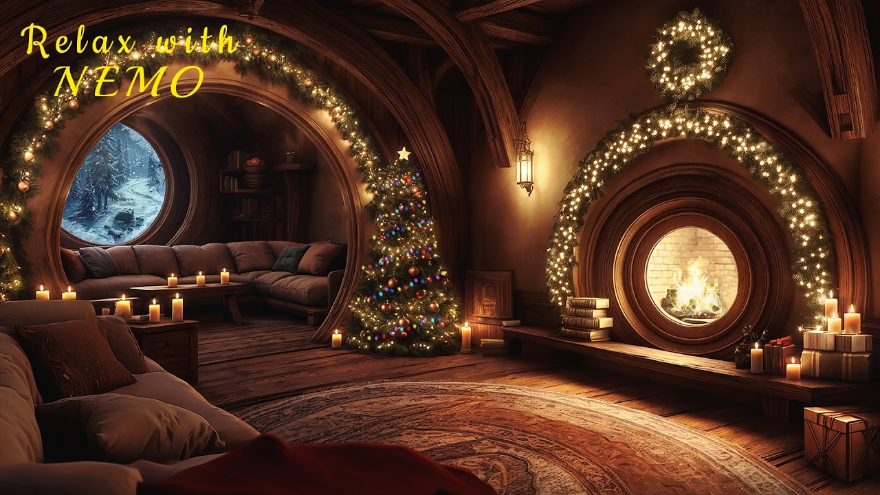 Cozy Hobbit Home on Christmas Night 🎄 Crackling Fireplace & Icy Snowstorm Sounds for Sleep and Relax