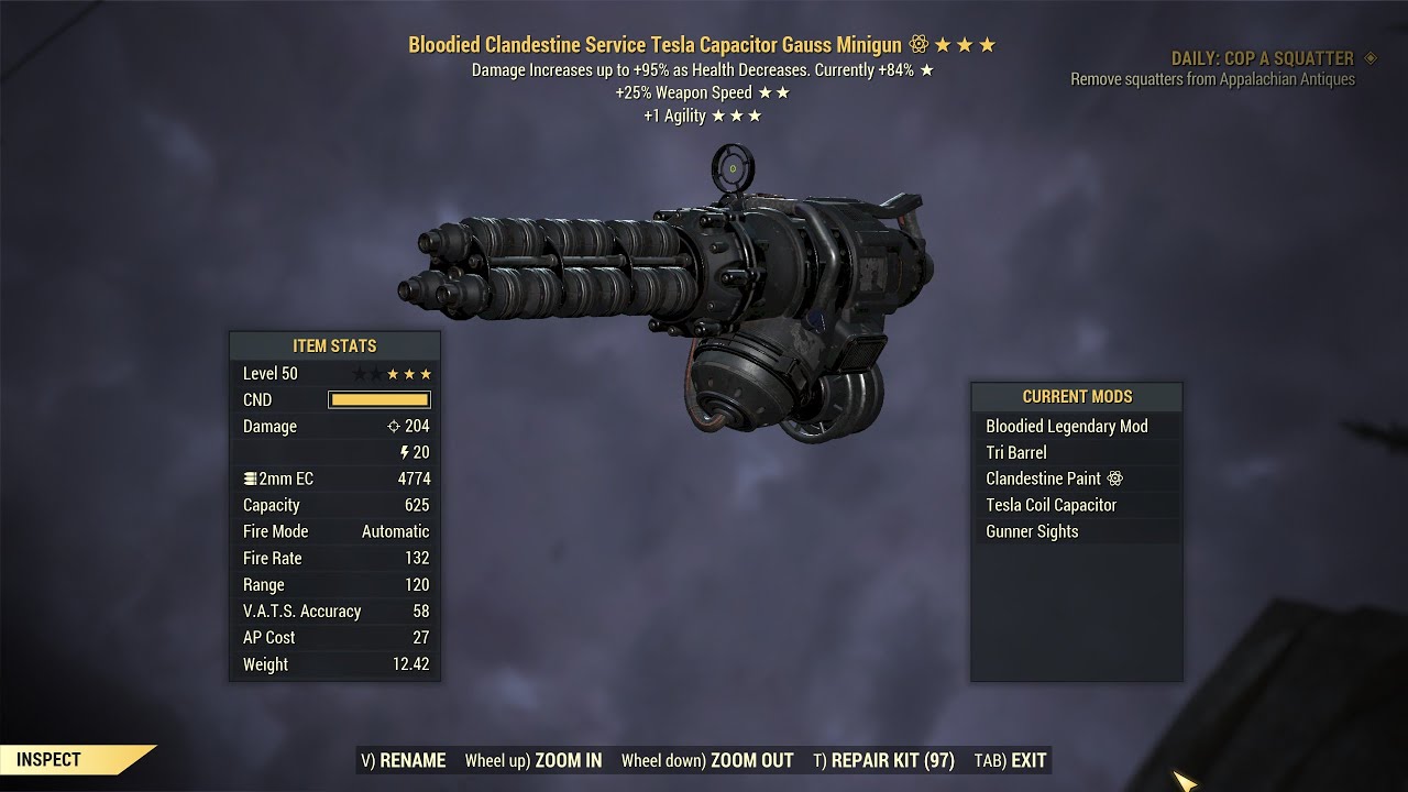 Fallout 76: Bloodied Gauss MiniGun.