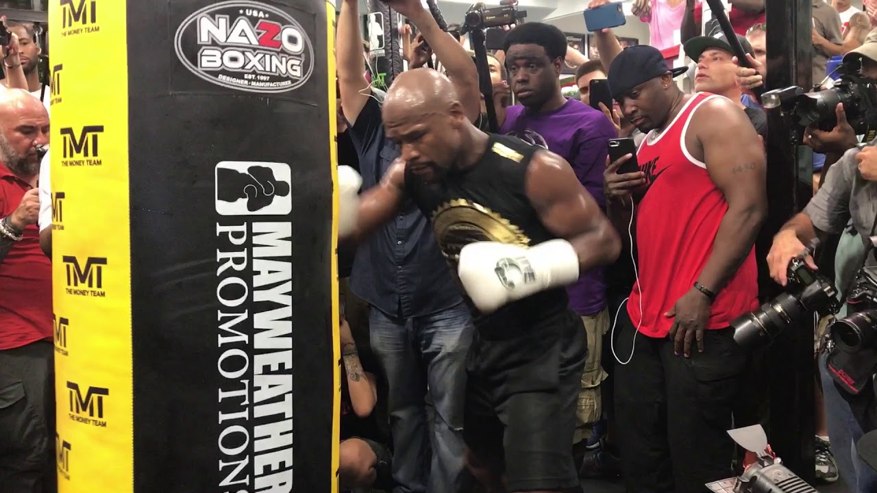 Floyd Mayweather digging to the body! HEAVY BODY SHOTS during media workout for McGregor!