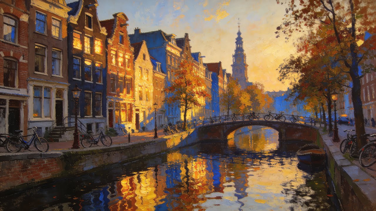 4K Oil Painting - Amsterdam Canal Houses, Netherlands | Art for Your Frame TV
