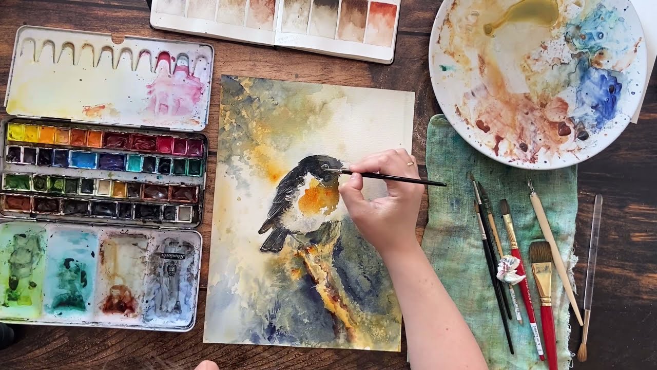 Kląskawka malowana akwarelami | European stonechat bird watercolor painting