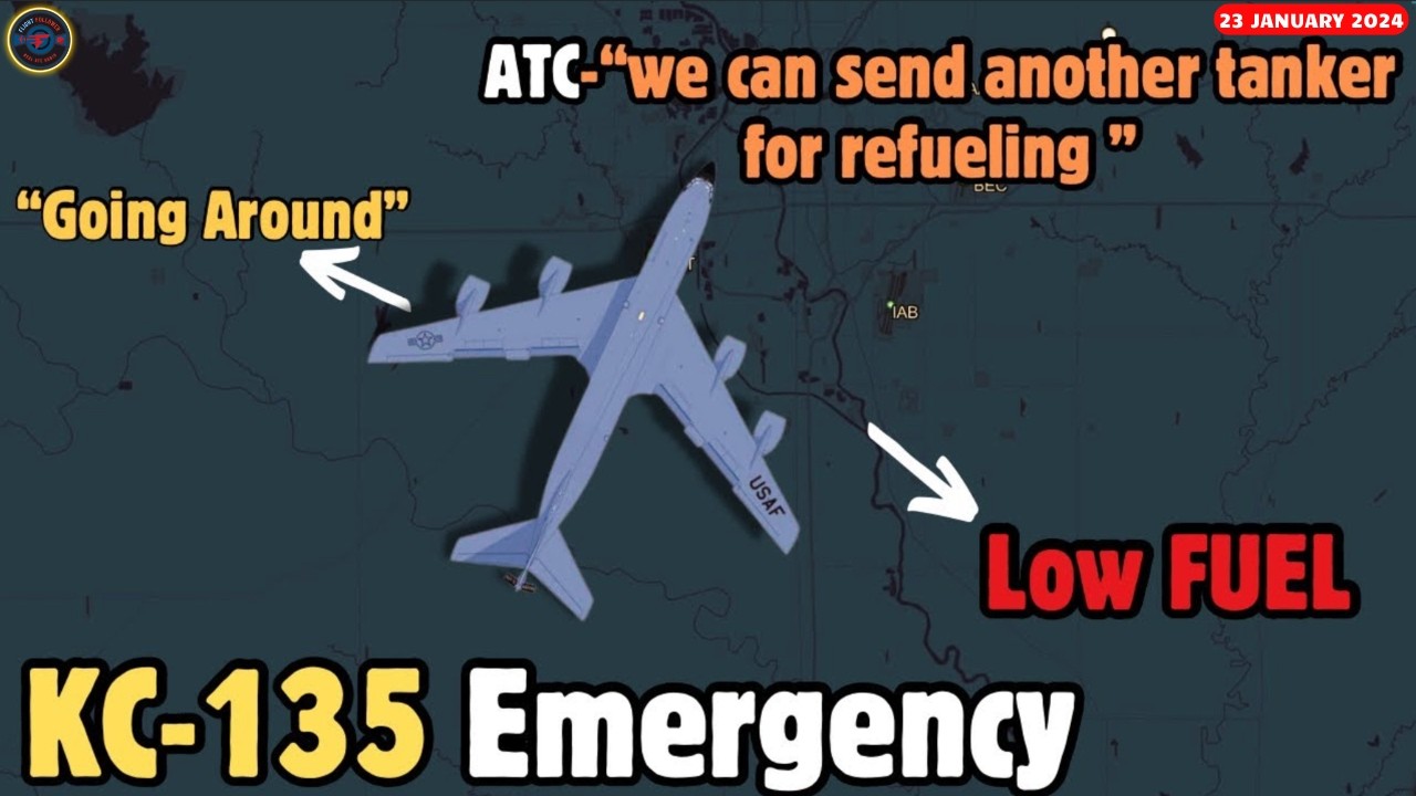 Po wielokrotnych objazdach samolot KC-135R osiągnął krytycznie niski poziom paliwa