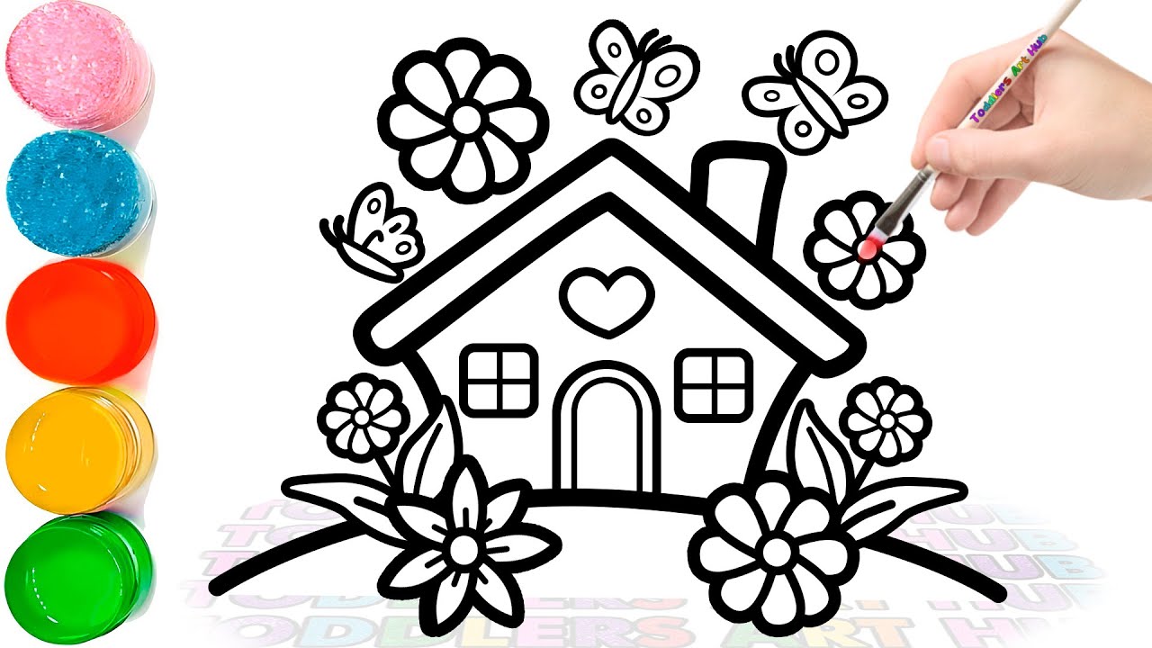How to Draw a Spring House for Kids | Easy Cute House Drawing with Flowers & Butterflies
