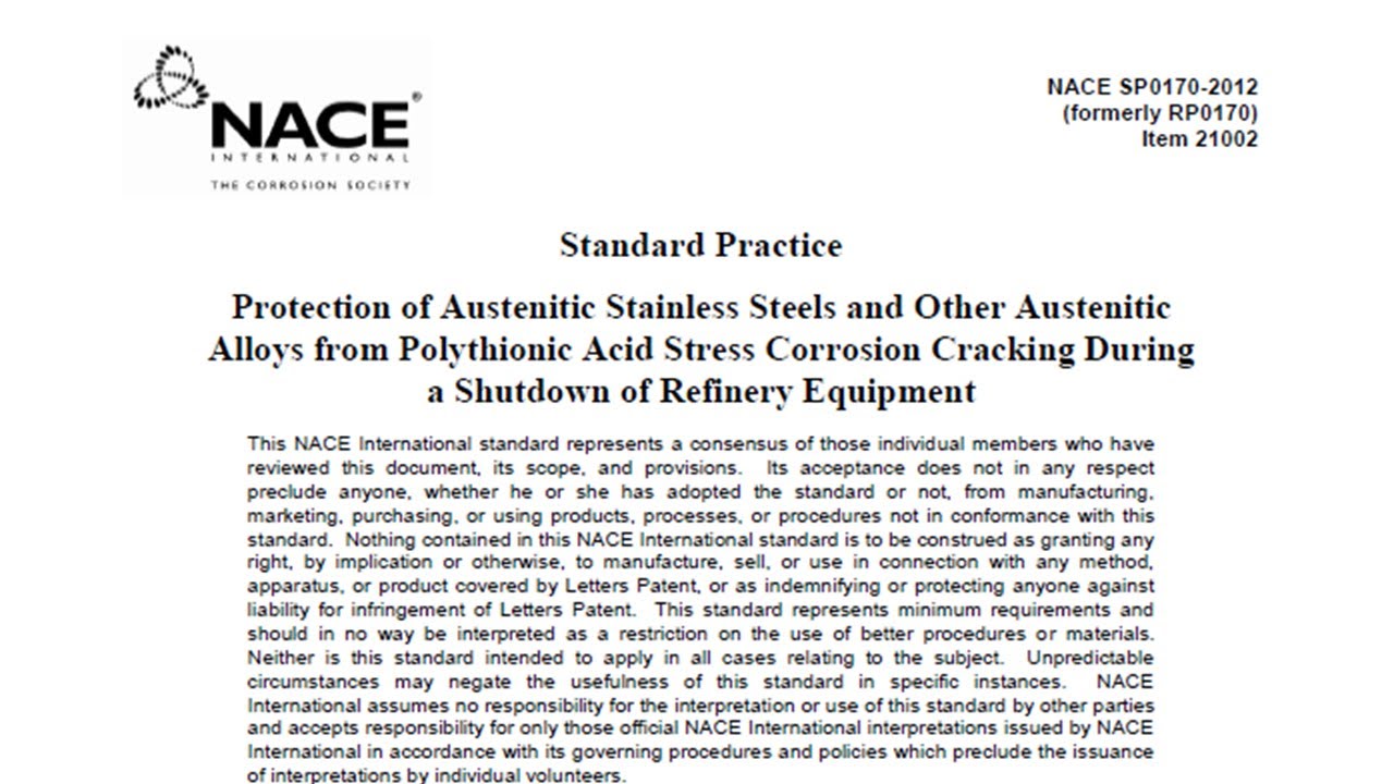 NACE SP0170-2012, Protección de aceros inoxidables austeníticos y otras aleaciones austeníticas